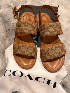 Coach Brown Signature Canvas Double-Strap Slingback Sandals